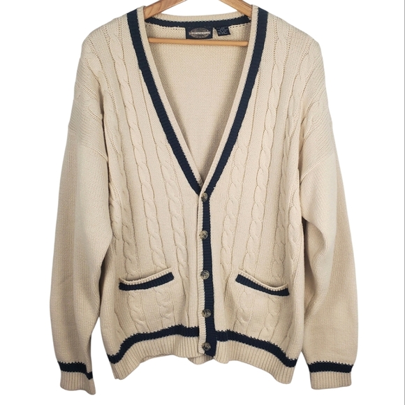 Vintage Towncraft Varsity Cardigan Sweater. White & Blue. Cable Knit. LG - Picture 1 of 7